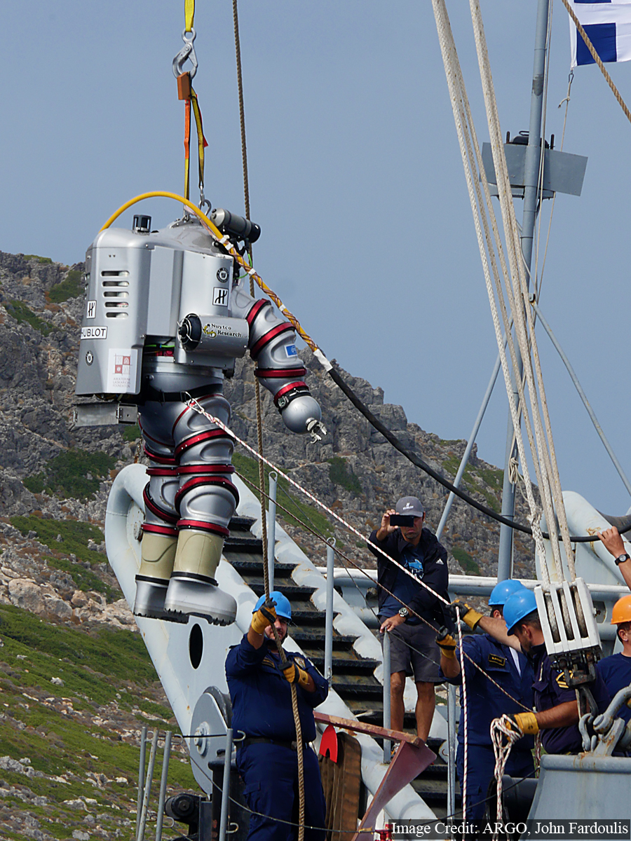 Hellenic Navy diver/Exosuit pilot Fotis Lazarou is the first Greek person to dive the Exosuit in Antikythera.
